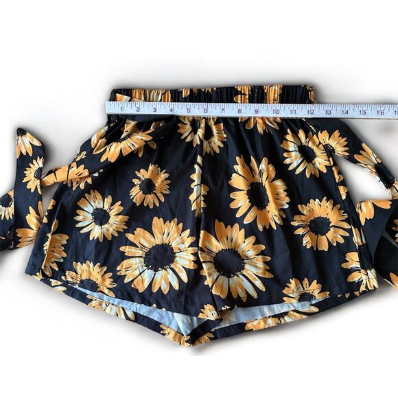 Shein Sunflower Shorts Black Gold Daisy Elastic Waist Belted Tie Front JR SZ XS - Picture 8 of 8